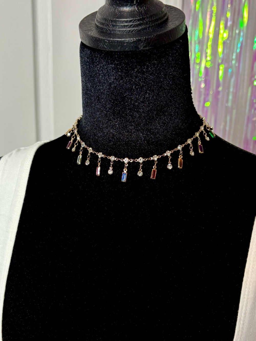 Rainbow Dainty Gold Choker Necklace W/Crystals & Multicolor Bar Tassel Charms